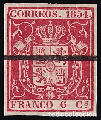 Sellos: ESPA&Ntilde;A, 1854 EDIFIL N&ordm; 24Ma /*/, 6 cu. carm&iacute;n, [raya horizontal, MUESTRA.]