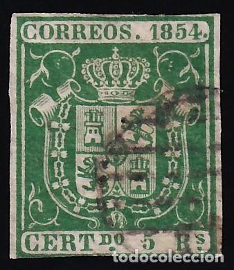 Sellos: ESPA&Ntilde;A, 1854 EDIFIL N&ordm; 26, 5 r. verde,