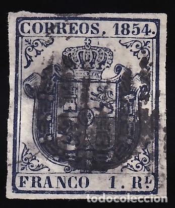 Sellos: ESPA&Ntilde;A, 1854 EDIFIL N&ordm; 34, 1 r. azul oscuro.