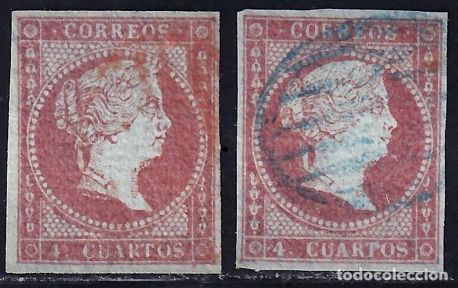 Sellos: ESPA&Ntilde;A, 1855 EDIFIL N&ordm; 40, 4 cu. carm&iacute;n. [Mat. Parrila roja y azul.]