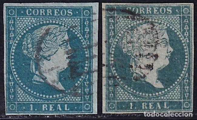 Sellos: ESPA&Ntilde;A, 1855 EDIFIL N&ordm; 41, 41a, 1 r. azul verdoso, azul.