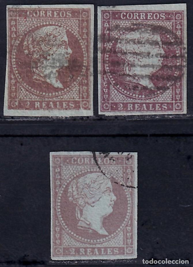 Sellos: ESPA&Ntilde;A, 1855 EDIFIL N&ordm; 42, 42a, 42b, 2 r. violeta / violeta oscuro / violeta gris&aacute;ceo