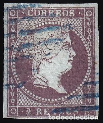 Sellos: ESPA&Ntilde;A, 1855 EDIFIL N&ordm; 42, 2 r. violeta, [Mat. Parrilla abierta azul.]