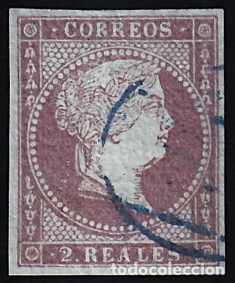 Sellos: ESPA&Ntilde;A, 1855 EDIFIL N&ordm; 42, 2 r. violeta, [Mat. Parrila azul.]