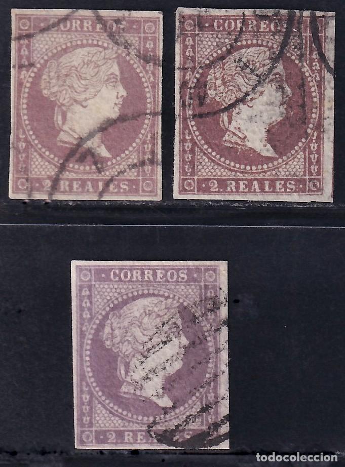 Sellos: ESPA&Ntilde;A, 1855 EDIFIL N&ordm; 46, 46a, 46b, 2 r. violeta / violeta oscuro / gris lil&aacute;ceo