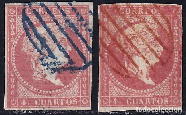 Sellos: ESPA&Ntilde;A, 1855 EDIFIL N&ordm; 44A, 4 cu. rojo, Tipo II, [Mat. Parrilla roja y azul.]
