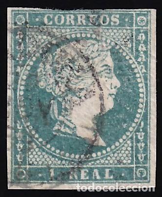 Sellos: ESPA&Ntilde;A, 1855 EDIFIL N&ordm; 45, 1 r. azul verdoso. [Papel con Filigrana L&iacute;neas Cruzadas.]