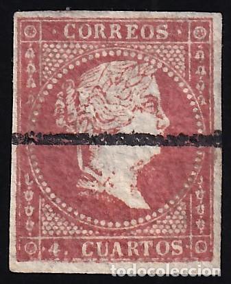 Sellos: ESPA&Ntilde;A, 1855 EDIFIL N&ordm; 44M /*/, 4 cu. rojo, [Raya de tinta, MUESTRA.]