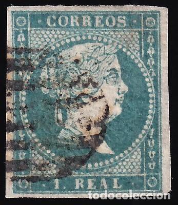 Sellos: ESPA&Ntilde;A, 1855 EDIFIL N&ordm; 45, 1 r. azul. [Papel L&iacute;neas Cruzadas.]