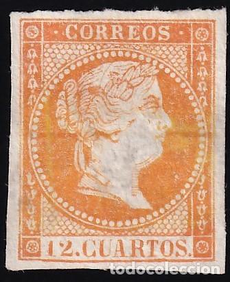 Sellos: ESPA&Ntilde;A, 1855 EDIFIL N&ordm; NE 1AM. (*), 12 cu naranja oscuro, [Raya horizontal de tinta, MUESTRA.]