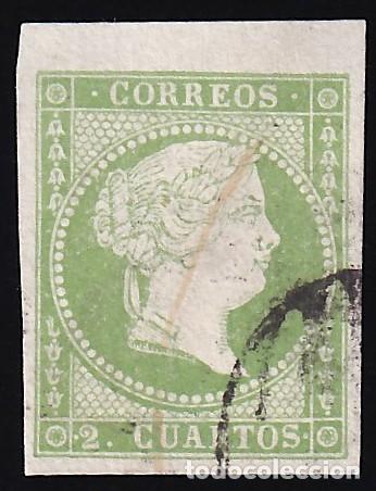 Sellos: ESPA&Ntilde;A, 1855 EDIFIL N&ordm; 47a, 2 cu. verde amarillo, [Borde de hoja.]