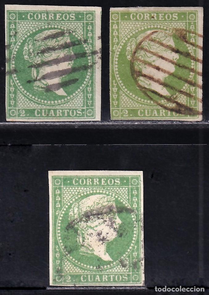 Sellos: ESPA&Ntilde;A, 1855 EDIFIL N&ordm; 47, 47a, 47b, 2 cu. verde, verde amarillo, verde oscuro