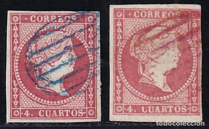 Sellos: ESPA&Ntilde;A, 1855 EDIFIL N&ordm; 48, 4 cu. rojo, [Mat. Parrilla roja y azul.]
