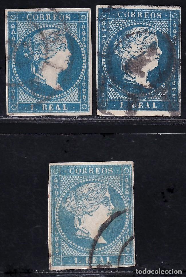 Sellos: ESPA&Ntilde;A, 1855 EDIFIL N&ordm; 49, 49a, 49b, 1 r. azul, azul oscuro, azul claro