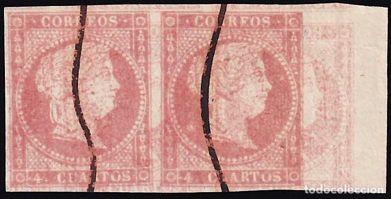 Sellos: ESPA&Ntilde;A, 1855 EDIFIL N&ordm; 48e (*), 4 c. rojo, [Pareja, Doble impresi&oacute;n.]