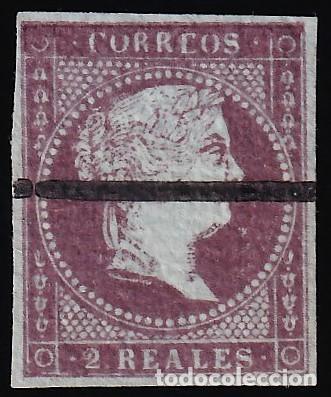 Sellos: ESPA&Ntilde;A, 1855 EDIFIL N&ordm; 42M (*), 2 r. violeta. [L&iacute;nea horizontal de tinta, MUESTRA.]