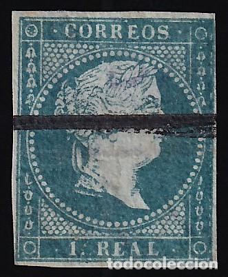 Sellos: ESPA&Ntilde;A, 1855 EDIFIL N&ordm; 41M /*/, 1 r. azul verdoso. [L&iacute;nea horizontal de tinta, MUESTRA.]