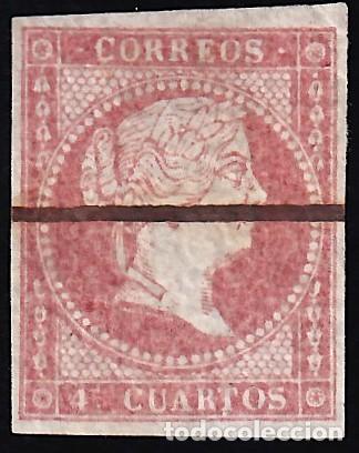Sellos: ESPA&Ntilde;A, 1855 EDIFIL N&ordm; 44M /*/, 4 cu. rojo. [L&iacute;nea horizontal de tinta, MUESTRA.]