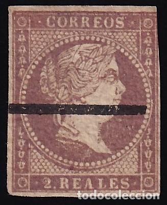 Sellos: ESPA&Ntilde;A, 1855 EDIFIL N&ordm; 46M /*/, 2 r. violet. [L&iacute;nea horizontal de tinta, MUESTRA.]