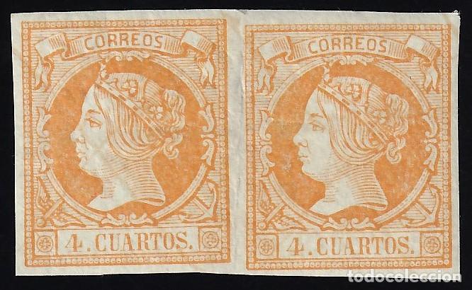 Sellos: ESPA&Ntilde;A, 1860 EDIFIL N&ordm; 52 /*/, 4 c. naranja. Pareja
