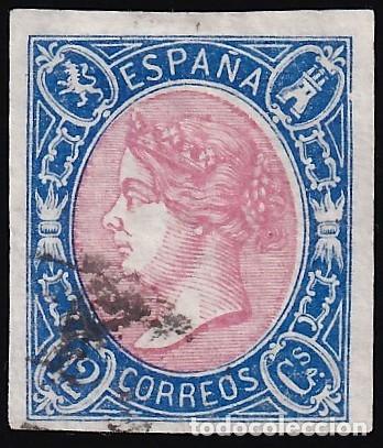 Sellos: ESPA&Ntilde;A, 1865 EDIFIL N&ordm; 70, 12 cu. Azul y rosa.