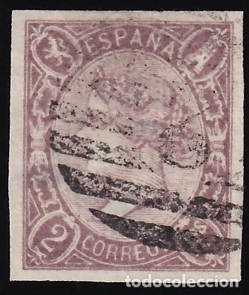Sellos: ESPA&Ntilde;A, 1865 EDIFIL N&ordm; 73a, 2 r. lila oscuro