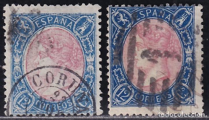 Sellos: ESPA&Ntilde;A, 1865 EDIFIL N&ordm; 76, 76a, 12 cu. azul y rojo / azul oscuro y carm&iacute;n
