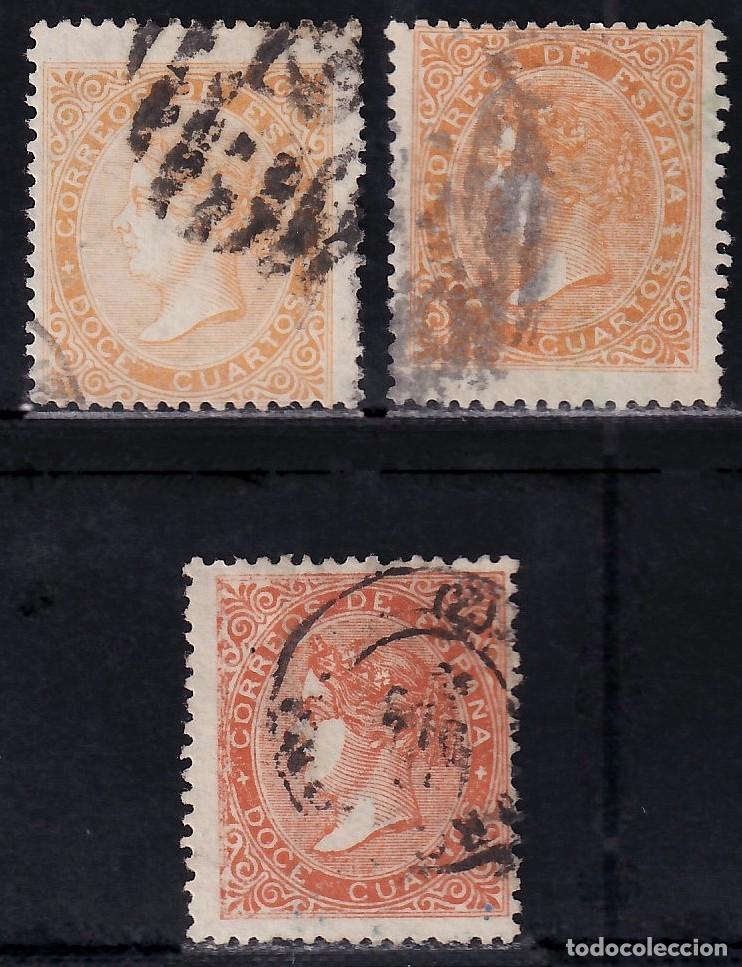 Sellos: ESPA&Ntilde;A, 1867 EDIFIL N&ordm; 89, 89A, 100A , 12 cu. amarillo. / naranja. / bermell&oacute;n.