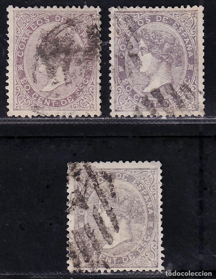 Sellos: ESPA&Ntilde;A, 1867 EDIFIL N&ordm; 92, 92a, 92b, 20 c. lila. / lila oscuro / lila gris&aacute;ceo.