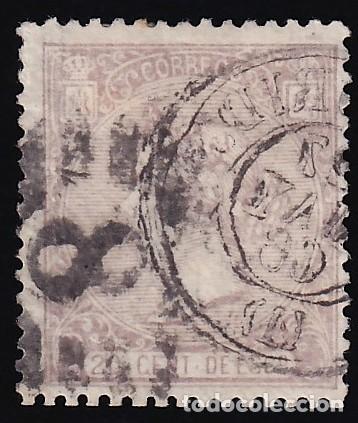 Sellos: ESPA&Ntilde;A, 1866 EDIFIL N&ordm; 85, 20 c. lila. [Mat, Fechador y Parrilla con cifra.]
