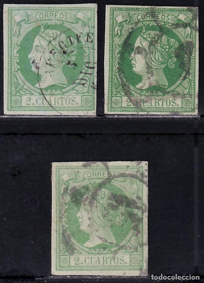 Sellos: ESPA&Ntilde;A, 1860 EDIFIL N&ordm; 51, 51a, 51b, 2 cu. verde / verde oscuro / verde amarillento.