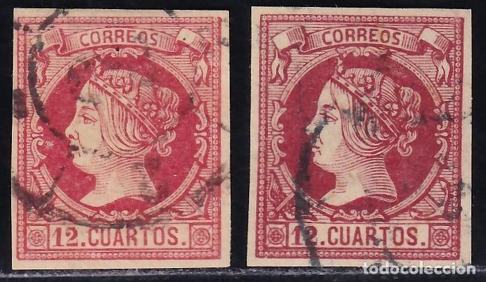 Sellos: ESPA&Ntilde;A, 1860 EDIFIL N&ordm; 53, 53a, 12 cu. carmin / carm&iacute;n oscuro
