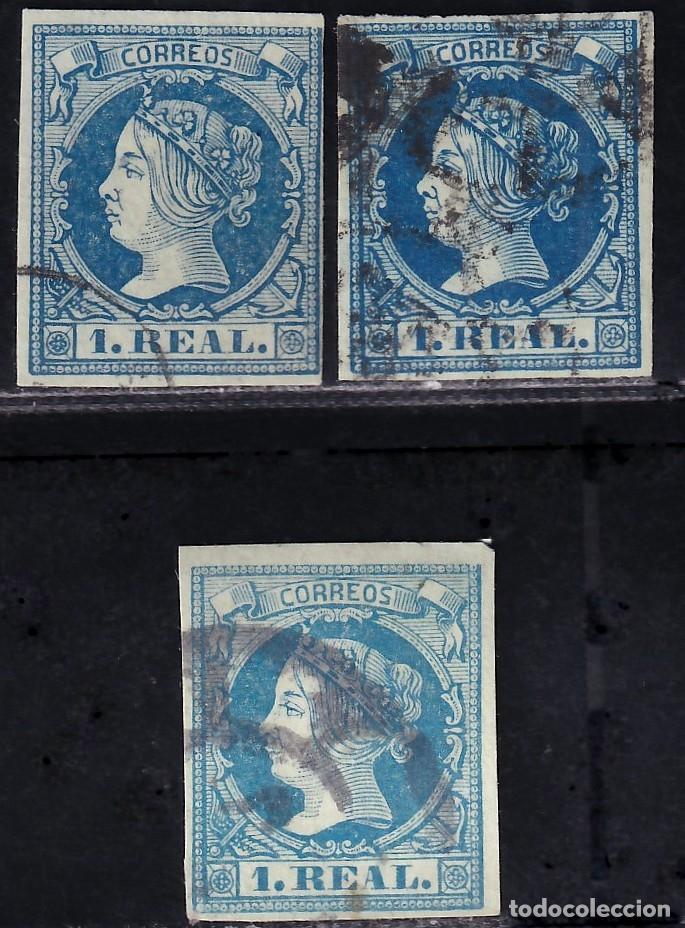 Sellos: ESPA&Ntilde;A, 1860 EDIFIL N&ordm; 55, 55a, 55b, 1 r. azul / azul oscuro / azul claro