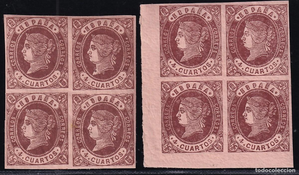 Sellos: ESPA&Ntilde;A, 1862 EDIFIL N&ordm; 58, 58A, /**/, 4c casta&ntilde;o [Tipo. I, II, / Bloque de Cuatro, SIN FIJASELLOS]