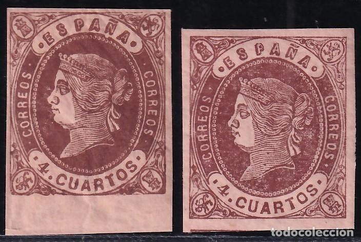 Sellos: ESPA&Ntilde;A, 1862 EDIFIL N&ordm; 58, 58A, /**/, 4c casta&ntilde;o [Tipo. I, II, / SIN FIJASELLOS]