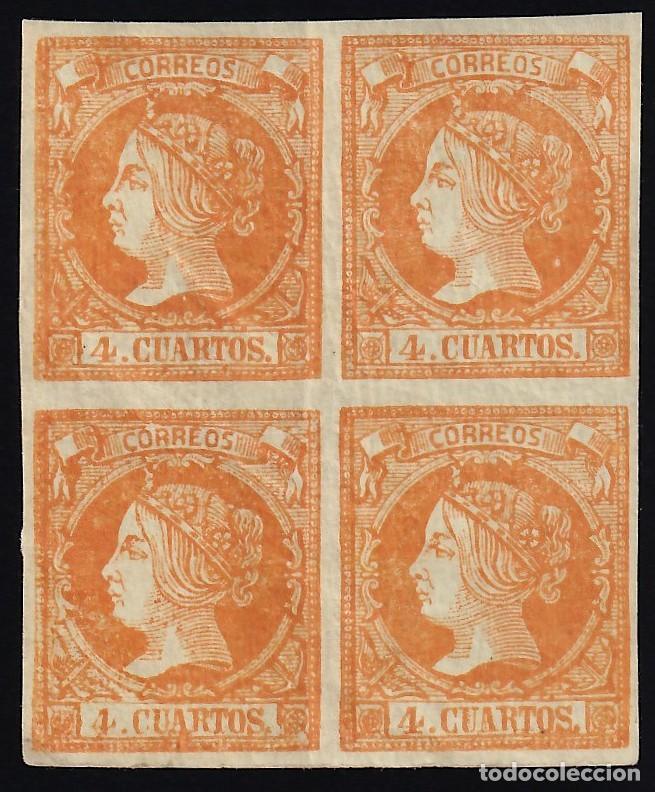 Sellos: ESPA&Ntilde;A, 1860 EDIFIL N&ordm; 52 **/*, 4 c. naranja. [Bloque de cuatro.]
