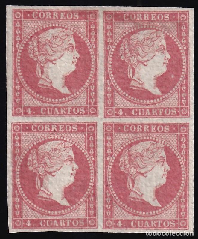 Sellos: ESPA&Ntilde;A, 1855 EDIFIL N&ordm; 44A (*), 4 cu. rojo, Tipo II. [Bloque de cuatro.]