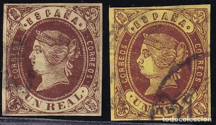 Sellos: ESPA&Ntilde;A, 1862 EDIFIL N&ordm; 61, 61a, 1 r casta&ntilde;o s. amarillo / casta&ntilde;o s. amarillo oro.