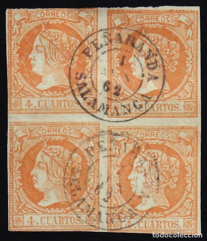 Sellos: ESPA&Ntilde;A, 1860 EDIFIL N&ordm; 52, 4 c. naranja. Bloque de cuatro. [Mat. Fechador, PE&Ntilde;ARANDA / SALAMANCA. ]