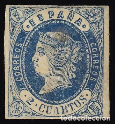 Sellos: ESPA&Ntilde;A, 1862 EDIFIL N&ordm; 57 /*/, 2 cu. azul s. amarillo