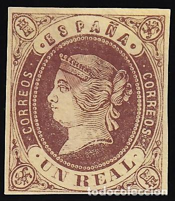 Sellos: ESPA&Ntilde;A, 1862 EDIFIL N&ordm; 61 (*), 1 r casta&ntilde;o s. amarillo