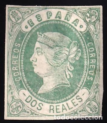 Sellos: ESPA&Ntilde;A, 1862 EDIFIL N&ordm; 62 /*/, 2 r verde s. rosa,