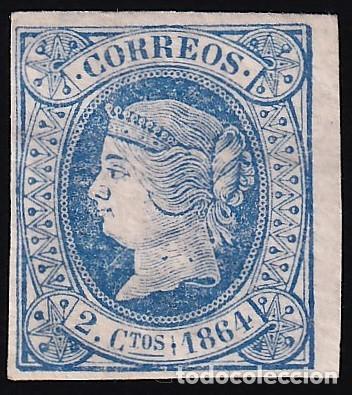 Sellos: ESPA&Ntilde;A, 1864 EDIFIL N&ordm; 63 /*/, 2 cu. azul.