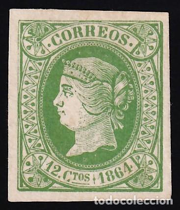 Sellos: ESPA&Ntilde;A, 1864 EDIFIL N&ordm; 65 (*), 12 cu. verde