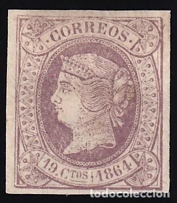 Sellos: ESPA&Ntilde;A, 1864 EDIFIL N&ordm; 66 /*/, 19 cu. casta&ntilde;o s. lila