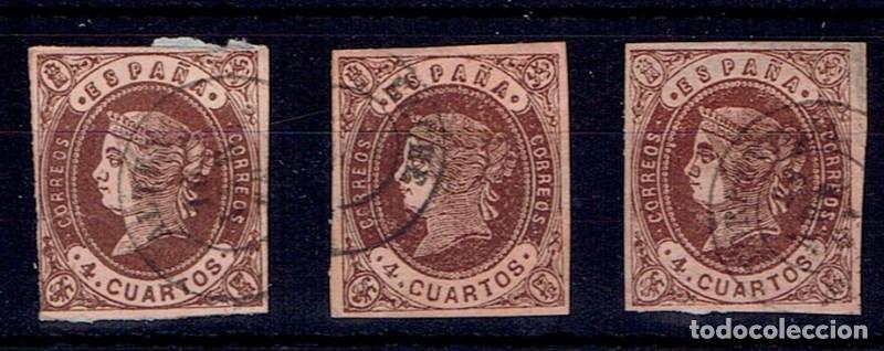Sellos: FA5440. Emision de julio de 1862. Conjunto de 3 valores de 4 cuartos con fechadores de Alicante
