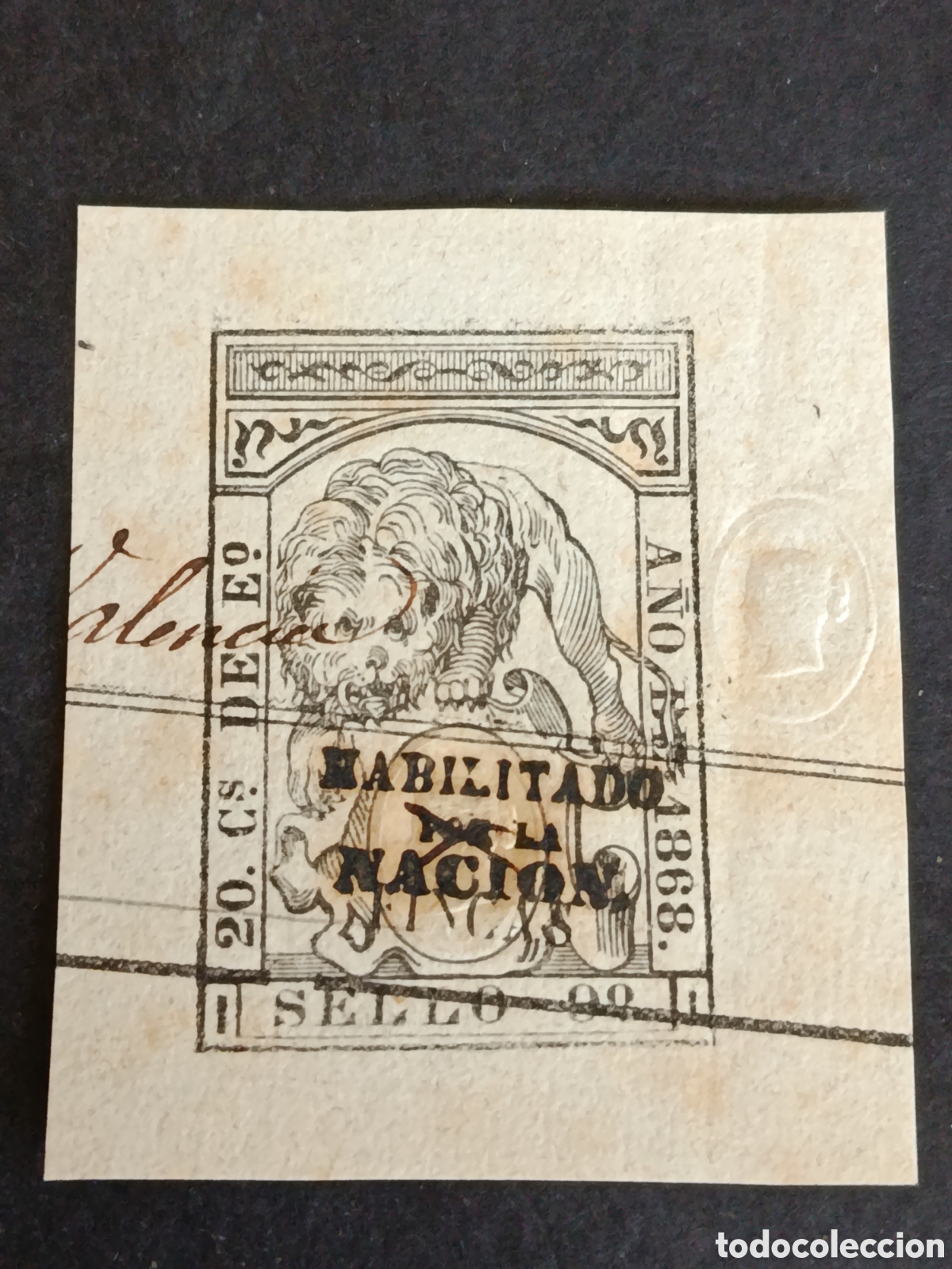 Sellos: TIMBRE FISCAL. PAPEL TIMBRADO. HABILITADO POR LA NACI&Oacute;N. 20 CTS. D ESC. 1868. MUY ESCASO.