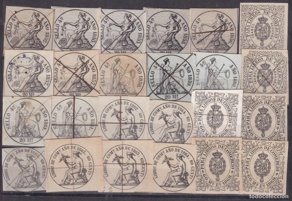 Sellos: FC4-28- FISCALES Cl&aacute;sicos x 24 P&Oacute;LIZAS Y LIBROS COMERCIO 1852/1869