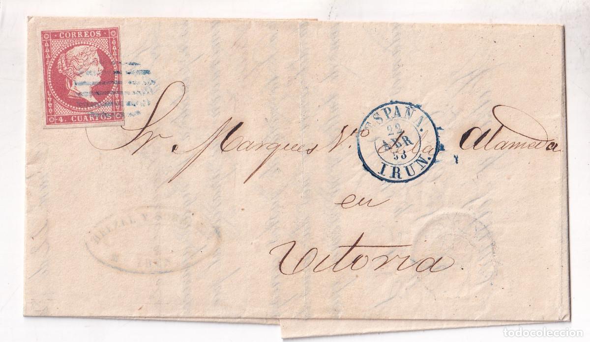 Sellos: IMPRESO. IR&Uacute;N. GUIP&Uacute;ZCOA. A VITORIA. FECHADOR Y PARRILLA AZUL. 1858