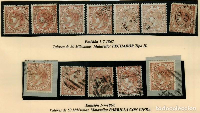 Sellos: FA2716. Emision 1-07-1867. Lote de 23 valores de 50 milesimas con diversas cancelaciones